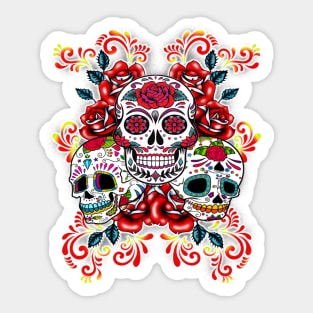 Triple Skull Red Floral Day Of The Dead Sugar Skulls Sticker